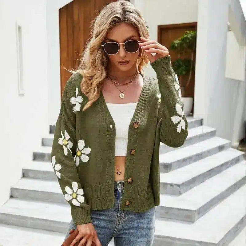 Floral Knit Cardigan for Casual Wear-Green-4