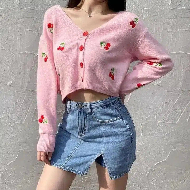 Cherry Embroidered Crop Cardigan with Button-Up Front-1