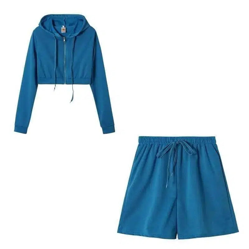 Knitted Hooded Zipper Sports Shorts Suit-sky blue-5