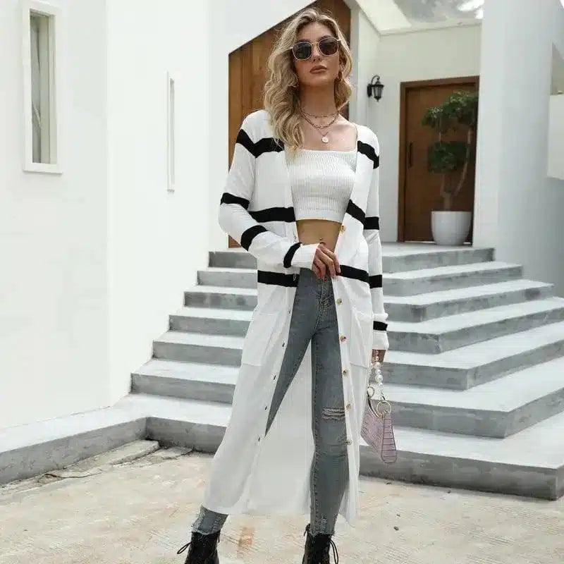 Knitted Thin Coat Long V neck Stripes-1