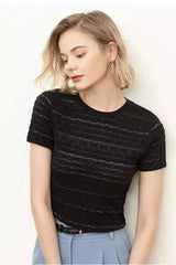 Textured Short Sleeve Women's Top-Black-1