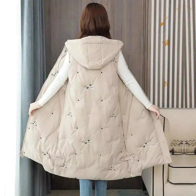 Hooded Sleeveless Quilted Winter Vest-Beige-3