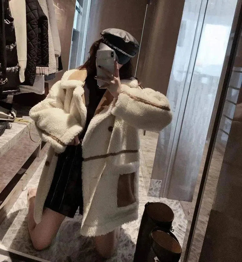 Winter Fleece Coat with Pockets for Women-White-1