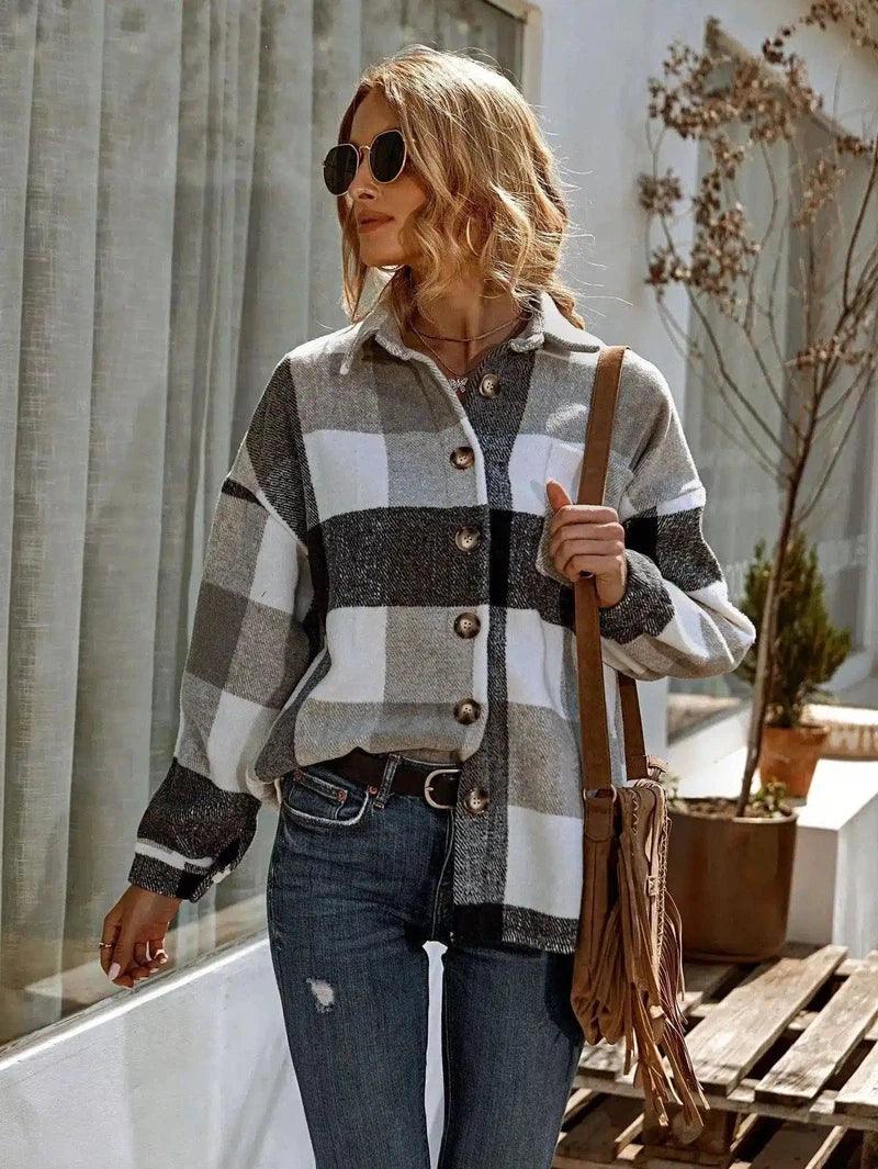 Women's Plaid Button-Up Casual Jacket-Black white-6