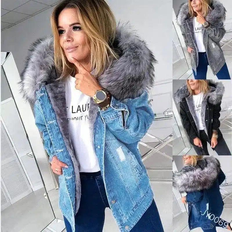 LOVEMI - Lovemi - Large Fur Collar Denim Jacket Warm Mid-Length Coat