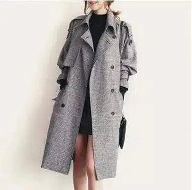 Women's Long Woolen Trench Coat with Pockets-Grey-1