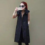 Long over-the-knee down cotton vest with thick solid color-Black-2