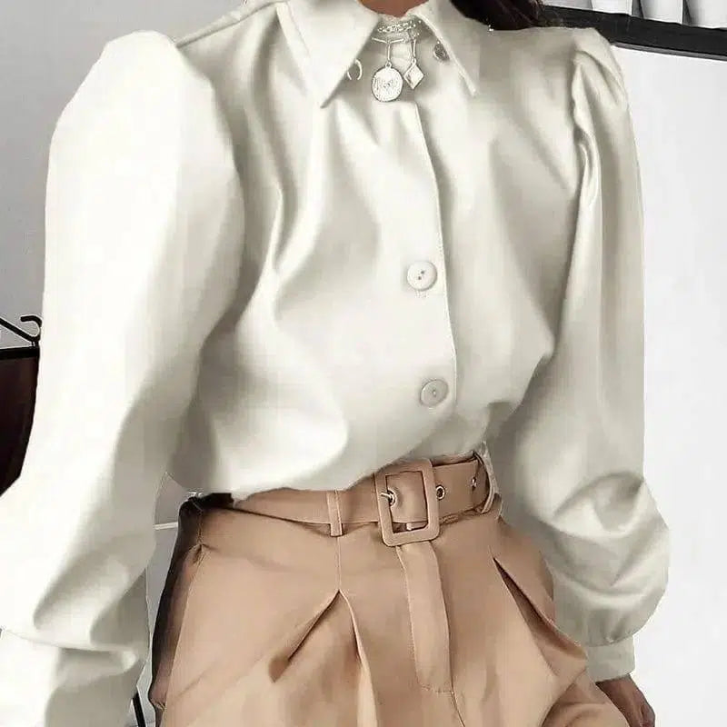 Long Puff Sleeve Turn Down Collar Women Leather Shirt-White-2