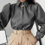 Long Puff Sleeve Turn Down Collar Women Leather Shirt-Grey-6