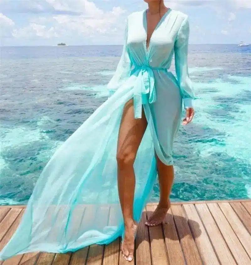 Elegant Long-Sleeve Maxi Dress with Tie-Waist-Blue-4