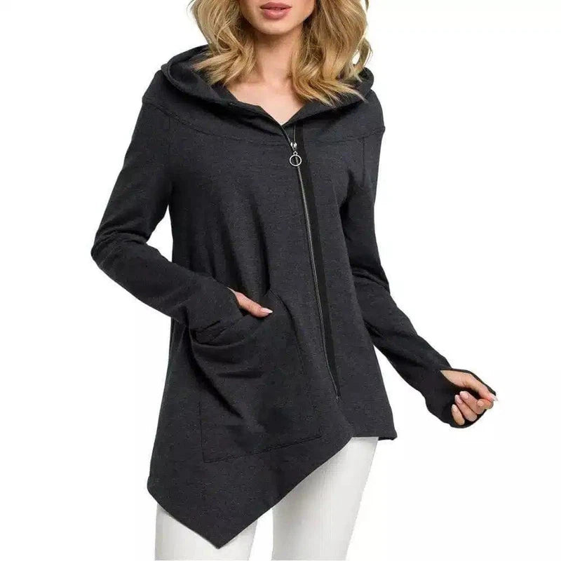 Women's Zippered Asymmetrical Hoodie-Dark grey-3