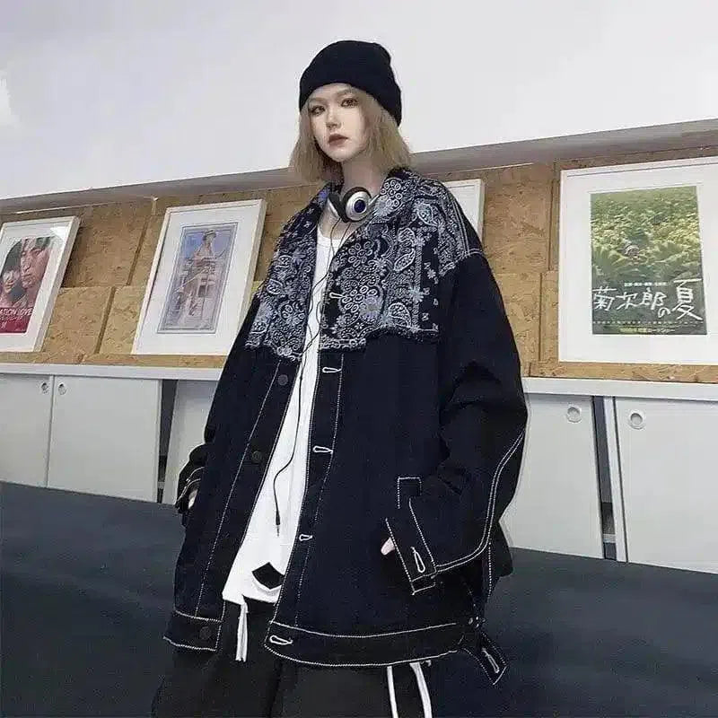 Stylish Oversized Denim Jacket with Pockets-Black-2