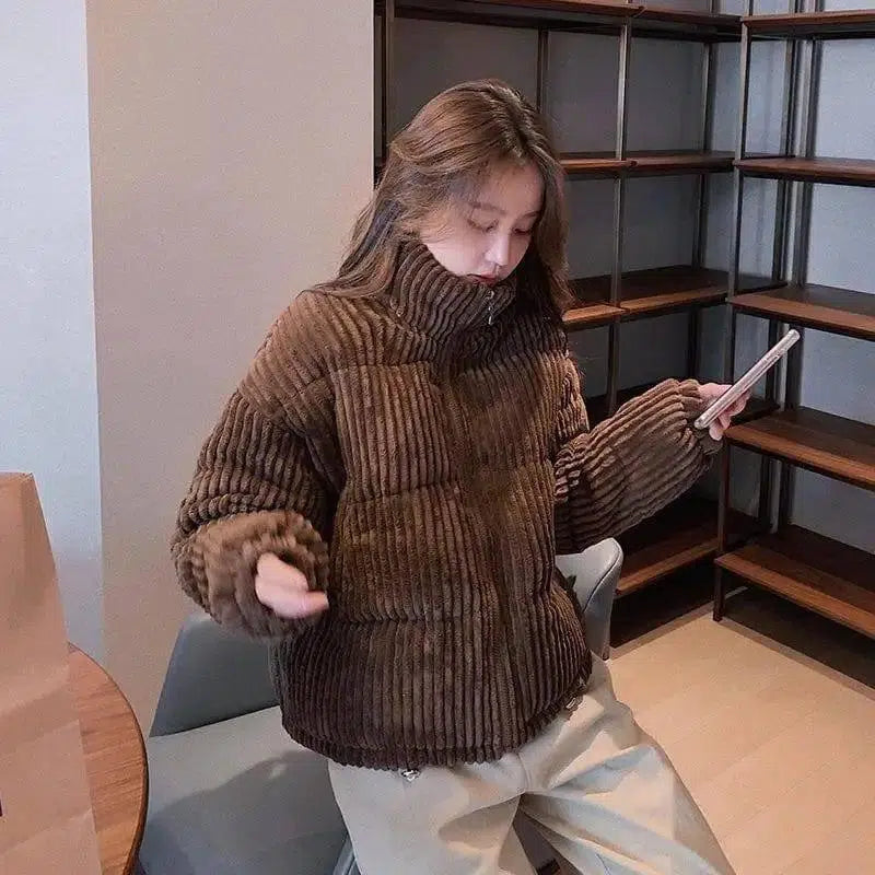 Loose corduroy padded jacket-Brown-3