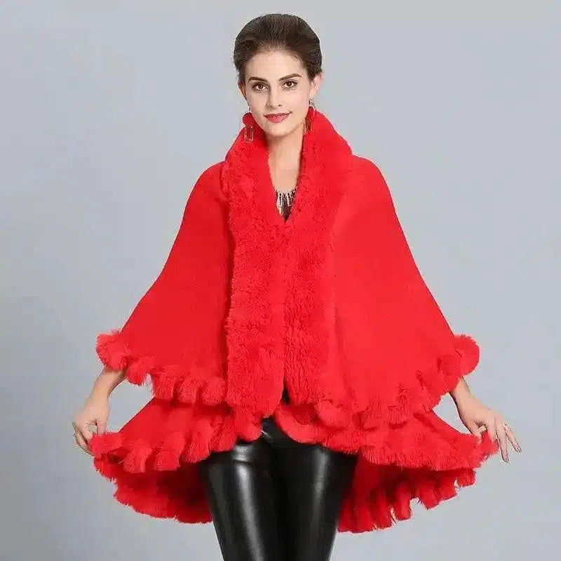 Faux Fur Trimmed Elegant Women's Cape-Red-1