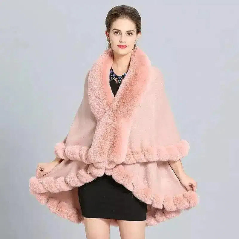 Faux Fur Trimmed Elegant Women's Cape-Pink-10