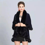 Faux Fur Trimmed Elegant Women's Cape-Navy Blue-2
