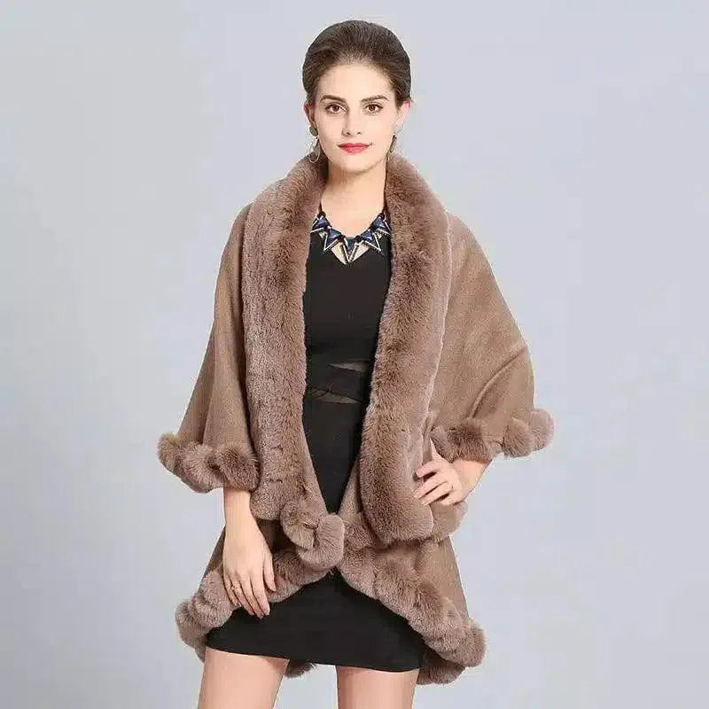 Faux Fur Trimmed Elegant Women's Cape-Khaki-4