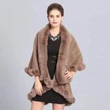 Faux Fur Trimmed Elegant Women's Cape-Khaki-4
