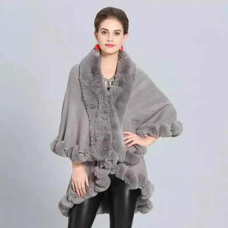 Faux Fur Trimmed Elegant Women's Cape-Grey-5