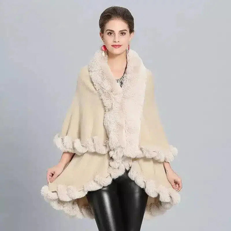 Faux Fur Trimmed Elegant Women's Cape-Beige-6