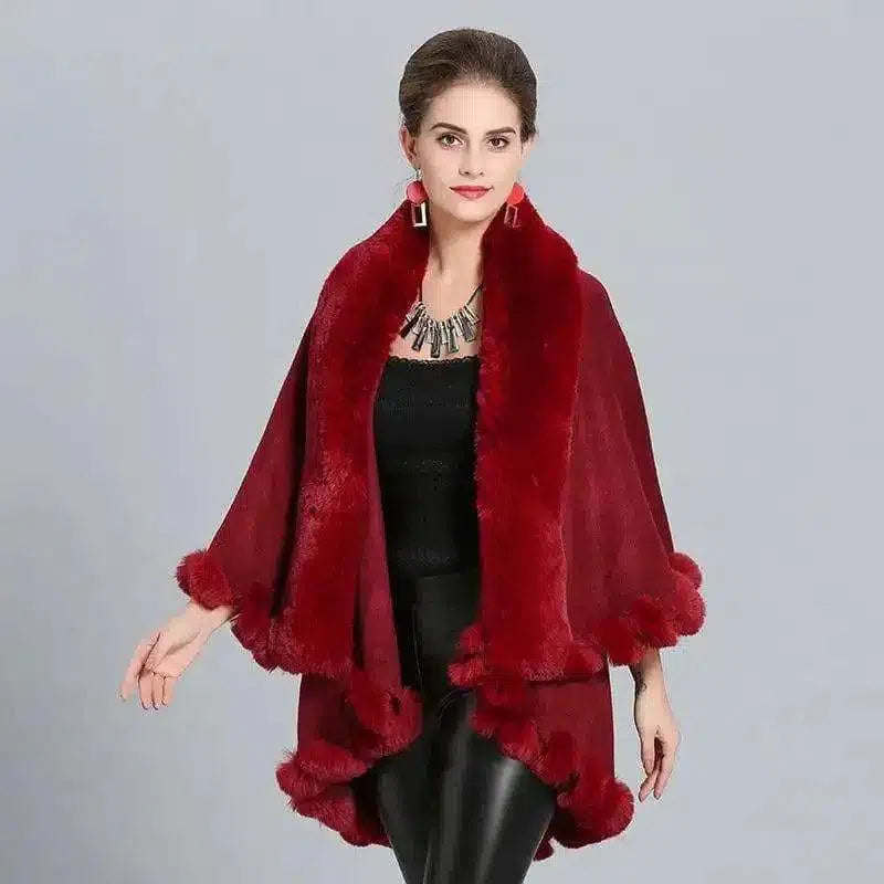 Faux Fur Trimmed Elegant Women's Cape-Wine Red-7