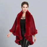 Faux Fur Trimmed Elegant Women's Cape-Wine Red-7
