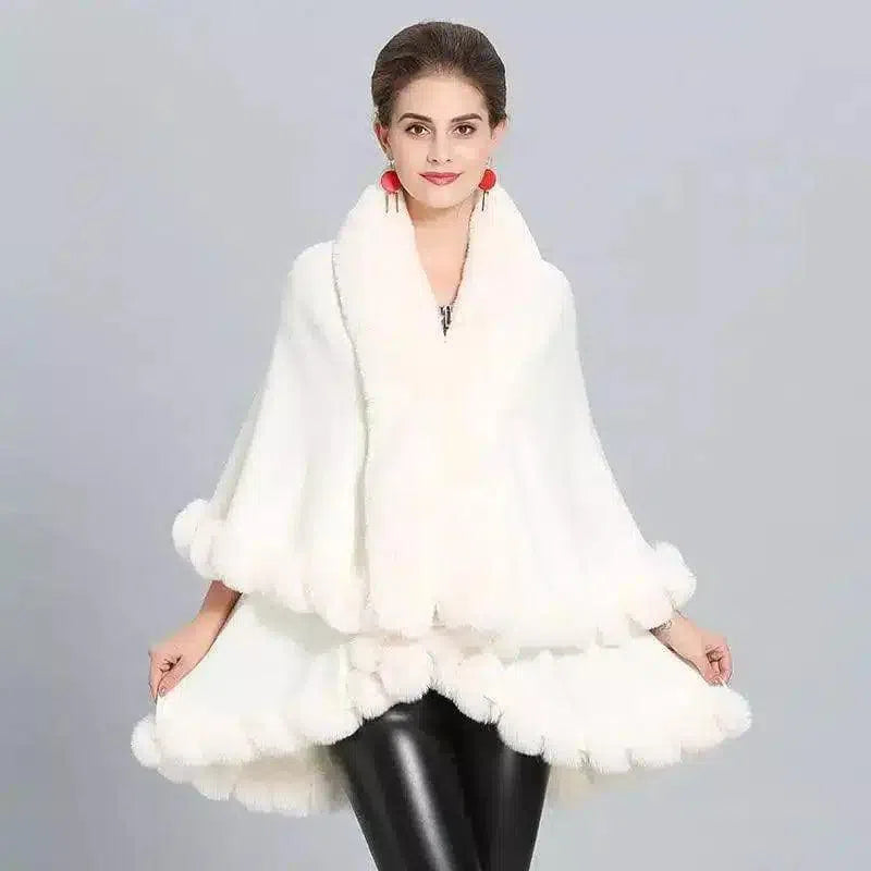 Faux Fur Trimmed Elegant Women's Cape-White-8