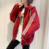 Striped Sleeve Zip-Up Hooded Jacket-Red-2