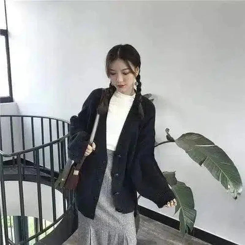 Warm Knit Cardigan with Pockets-Black-2