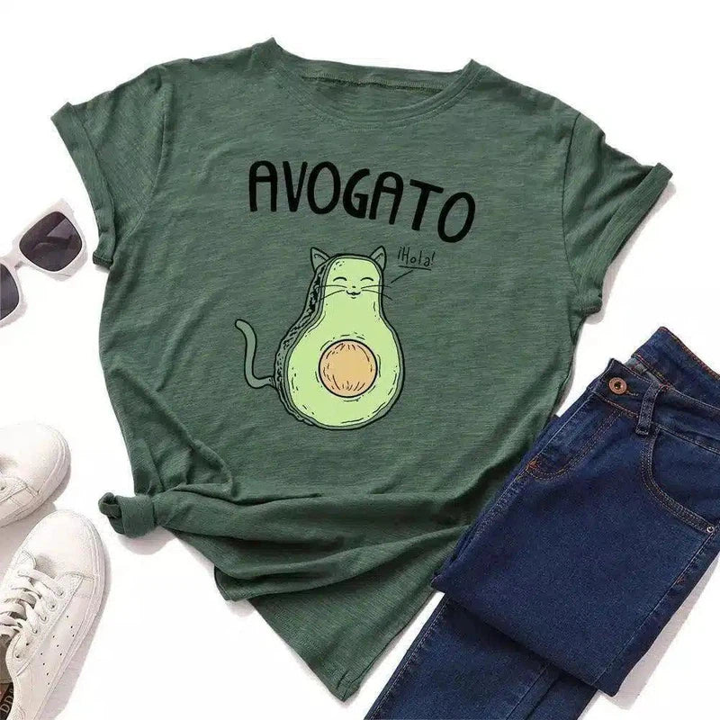 Cat Avocado Pun Graphic Tee for Casual Wear-9STYLE-12