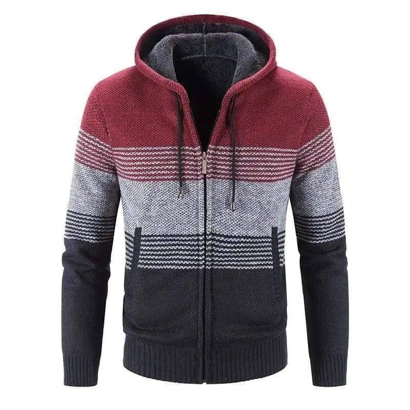 Men Hooded Stripe Coat Cardigan Male Thick Zipper Wool-Red-1