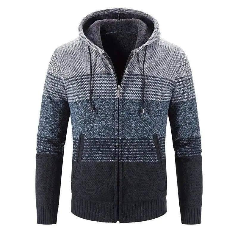 Men Hooded Stripe Coat Cardigan Male Thick Zipper Wool-Light Gray-3