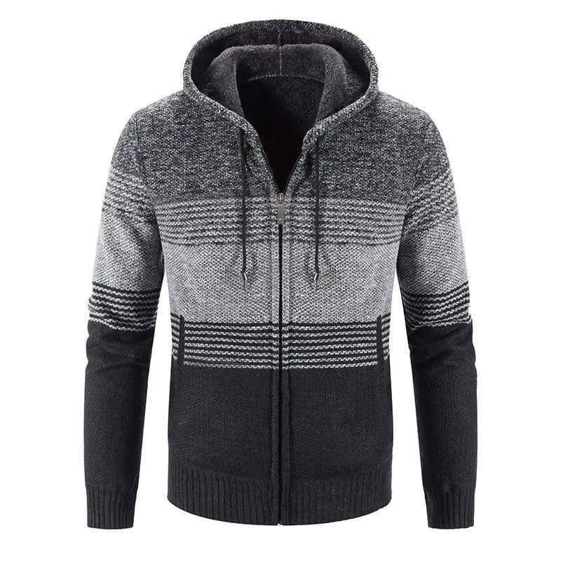 Men Hooded Stripe Coat Cardigan Male Thick Zipper Wool-Dark Gray-4