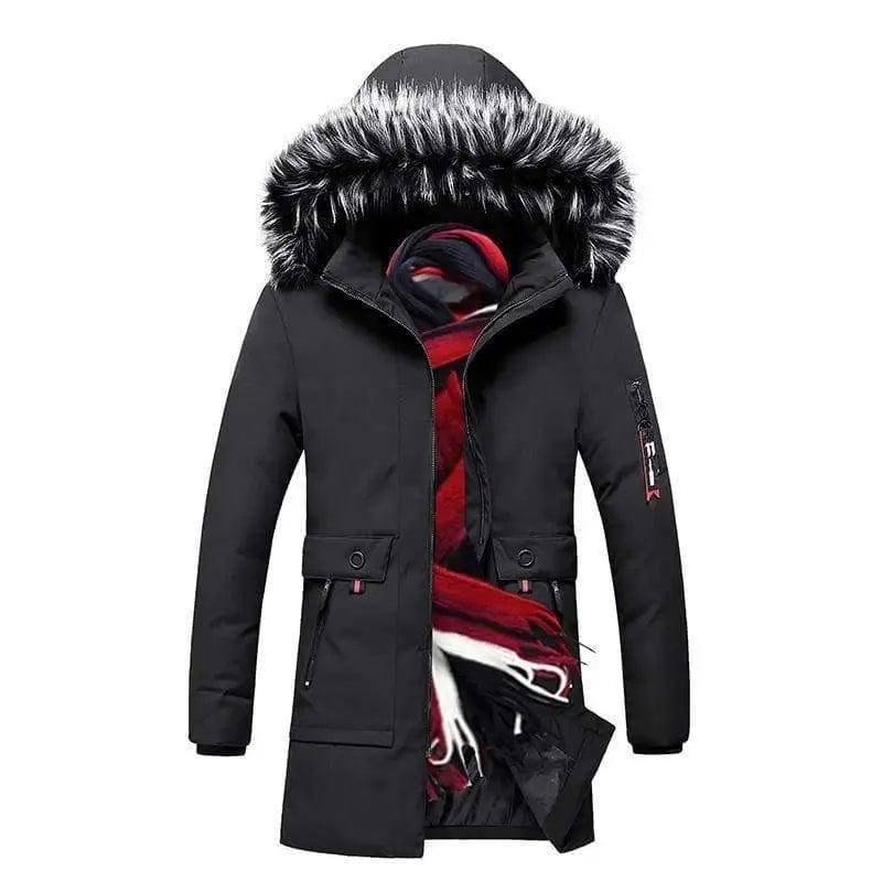 Men's fur collar hooded down jacket-BlackD-2