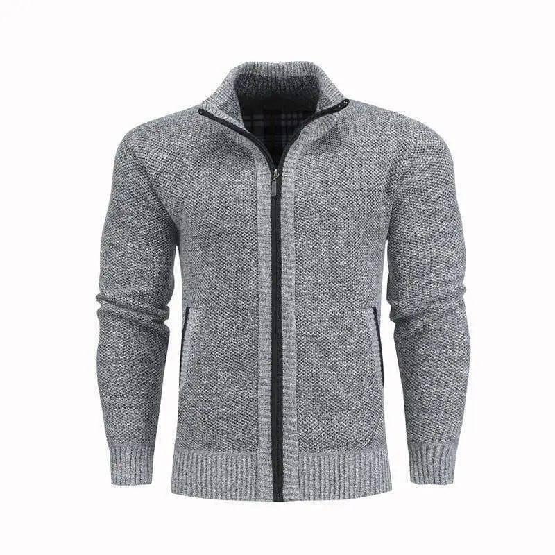 Men Slim Sweaters Stand Collar Fit Zipper Men Solid Cotton-Light Gray-1