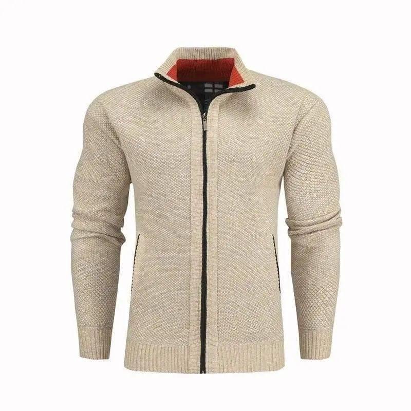 Men Slim Sweaters Stand Collar Fit Zipper Men Solid Cotton-Khaki-2