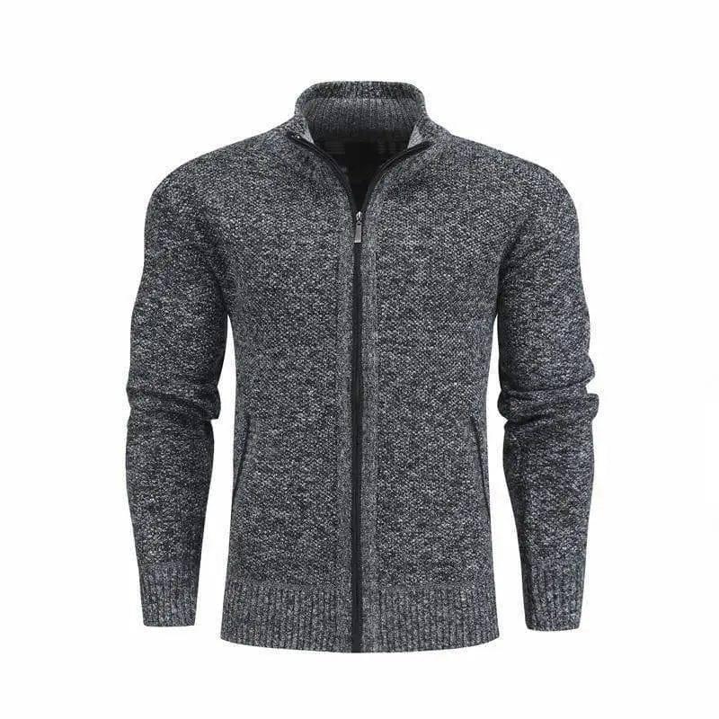 Men Slim Sweaters Stand Collar Fit Zipper Men Solid Cotton-Dark Gray-4