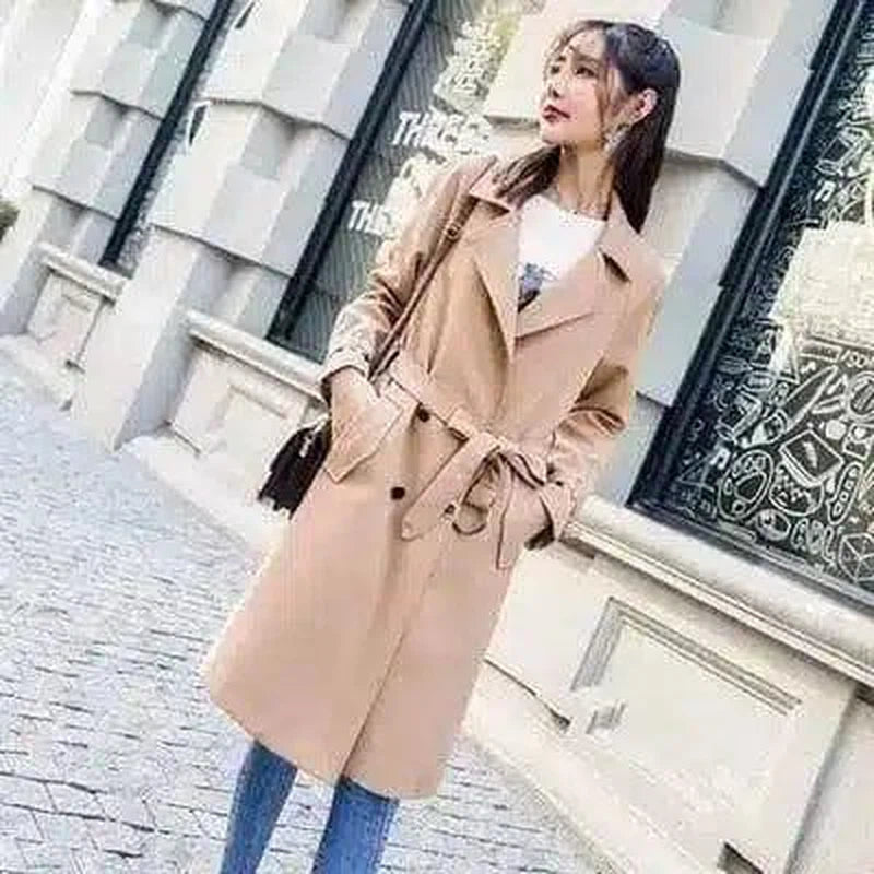 Women's Mid-Length Tailored Coat with Button Closure-Khaki-5