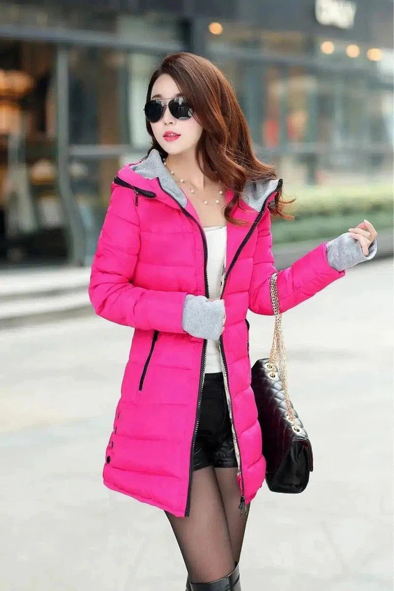 Hooded Puffer Jacket with Zip Pockets-Rose red-2