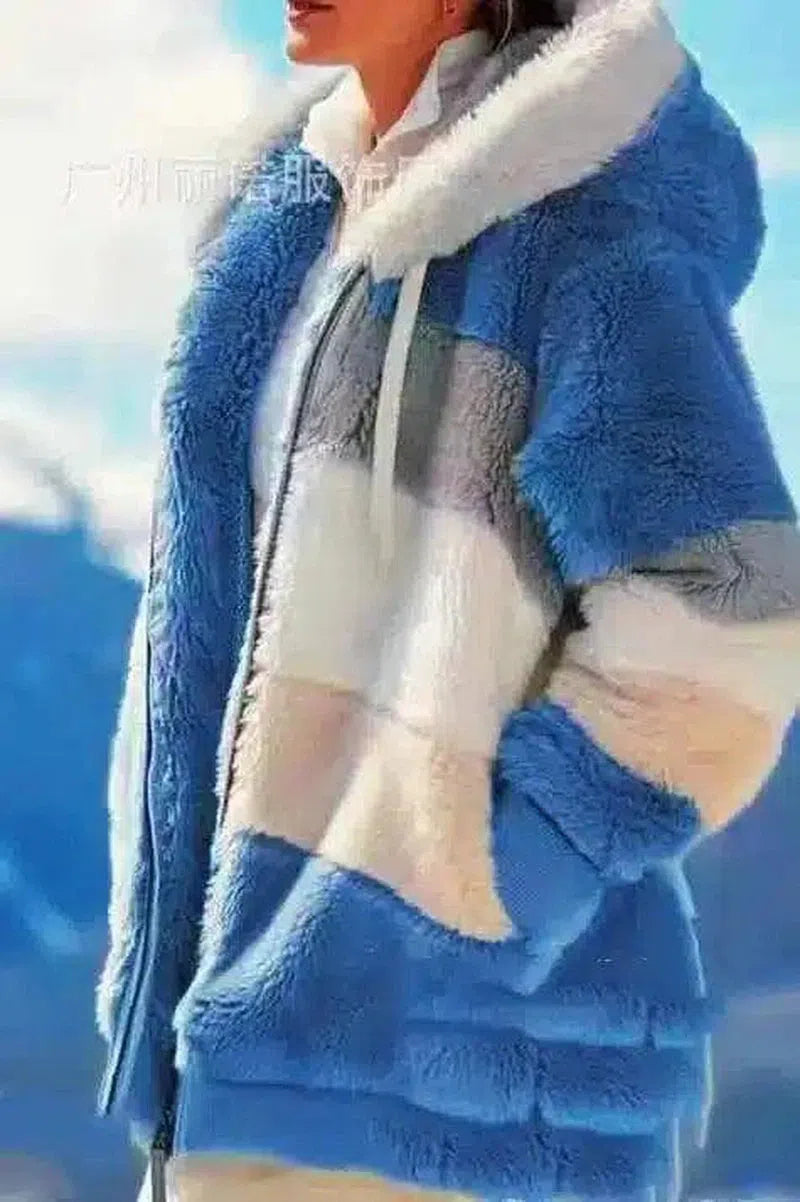 Women's Faux Fur Hooded Winter Coat-Blue-3