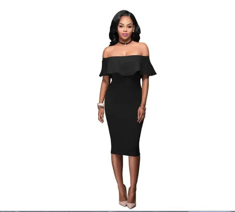 Off Shoulder Ruffles Dress-Black-22