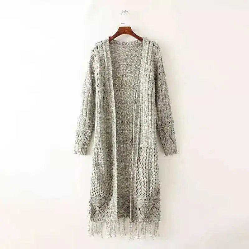 Long Knit Cardigan with Fringe Detail-Gray-2