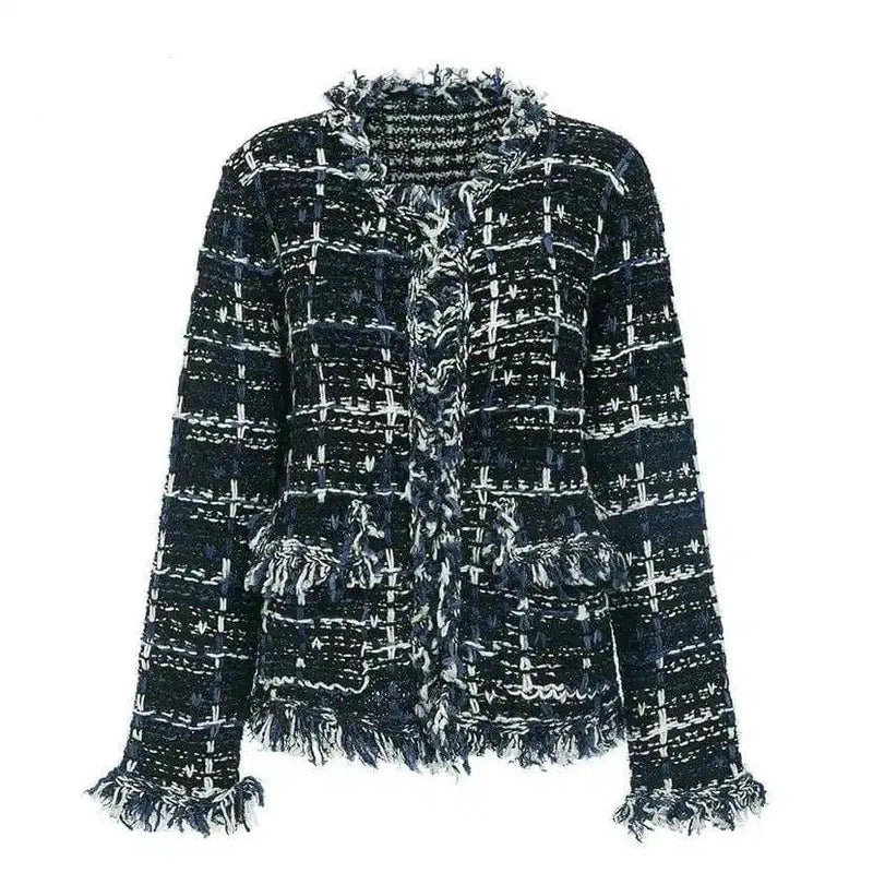 Women's Fringe Tweed Jacket-Navy-2