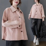 Plus Size Women Fall Vintage Corduroy Shirt-Pink-1
