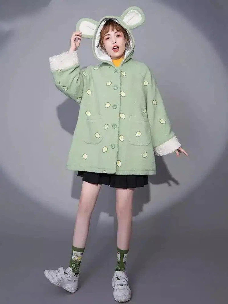 LOVEMI - Lovemi - Printed cartoon hooded lamb wool coat