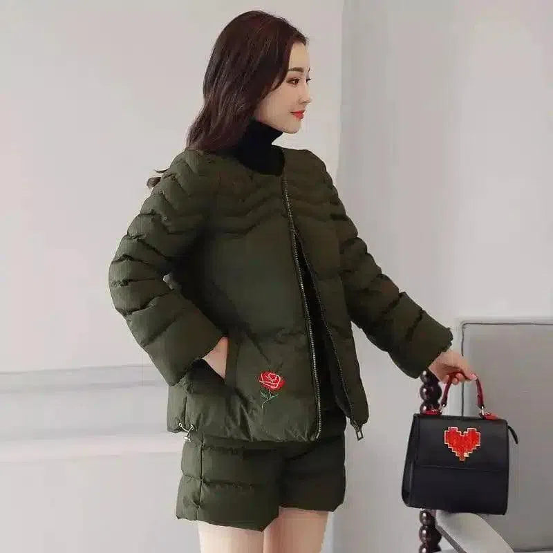 Embroidered Winter Jacket with Puff Sleeves-Green-2