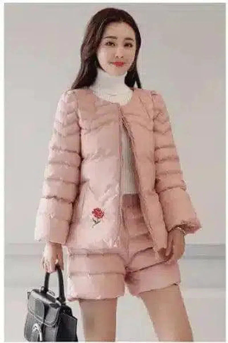 Embroidered Winter Jacket with Puff Sleeves-Pink-3
