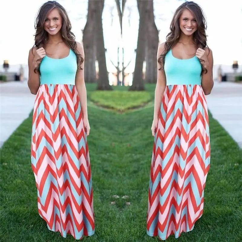 Printed Waves Stripe Long Skirt Dress-Blue-33