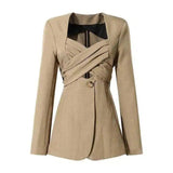 Women's Tailored Buttoned Blazer with Unique Collar-Khaki-1