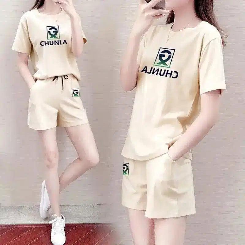 Women's Casual T-Shirt and Shorts Set-Beige-7